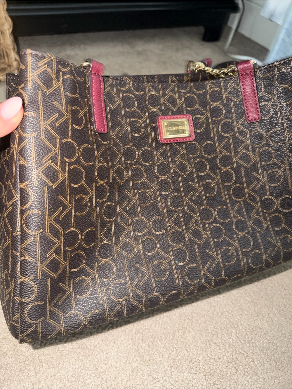 Calvin Klein Brown Monogram Tote with Burgundy Trim